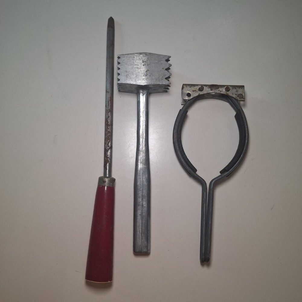 Vintage Kitchen Utensils Jar Opener Knife Sharpener Meat Hammer Tenderizer Can